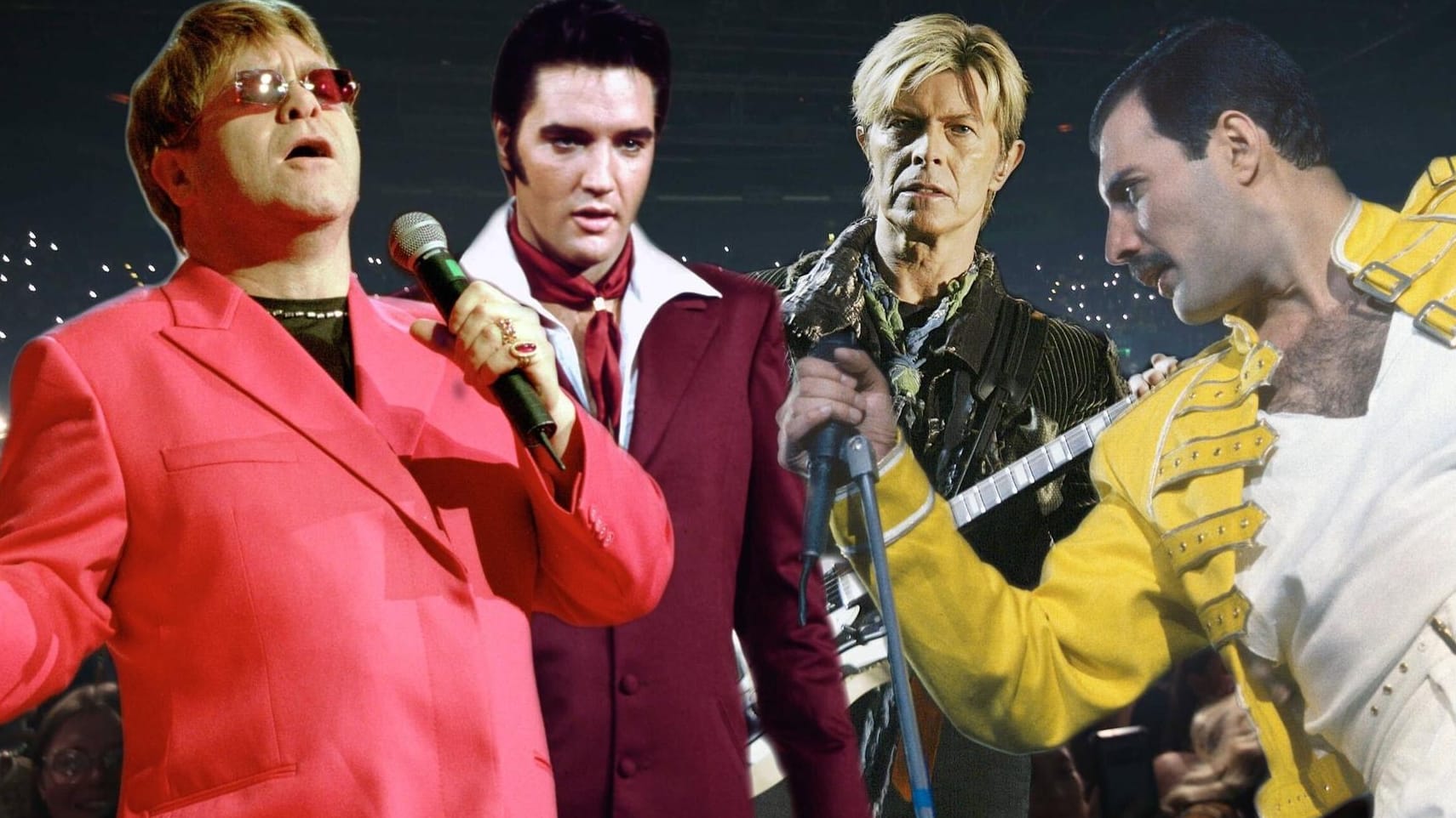 Wer ist der größte Sänger überhaupt (v.l.)?: Elton John, Elvis Presley, David Bowie und Freddie Mercury.