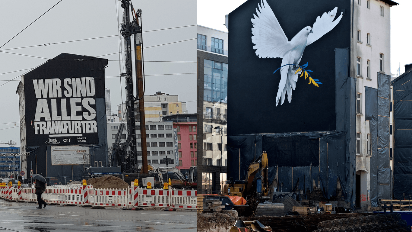 Die Häuserwand ziert aktuell ein riesiges Mural vom Graffiti-Künstler Cor, in Anspielung auf den Ukraine-Krieg (rechts.) Davor zeigte die Hausfassade ein Zitat von Rapper Hassan Annouri (links).