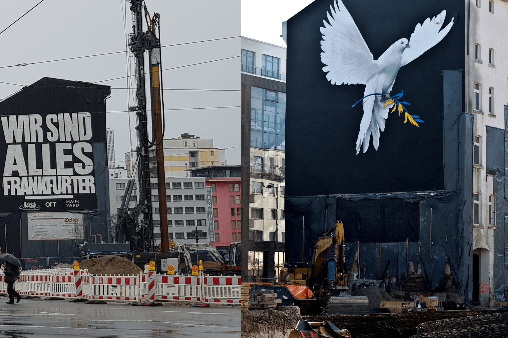 Die Häuserwand ziert aktuell ein riesiges Mural vom Graffiti-Künstler Cor, in Anspielung auf den Ukraine-Krieg (rechts.) Davor zeigte die Hausfassade ein Zitat von Rapper Hassan Annouri (links).