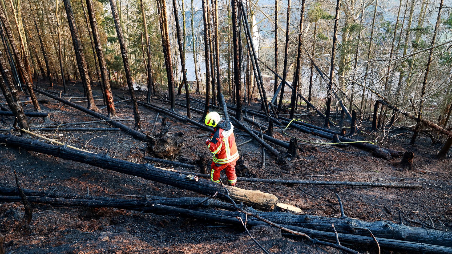 Ein Feuerwehrmann am Einsatzort: Niemand wurde bei dem Brand verletzt.