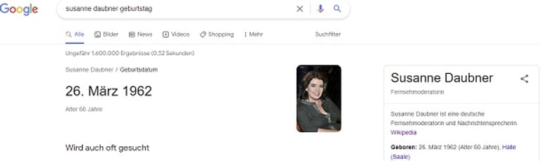 Susanne Daubner: Bei Google erscheint das, wenn man ihren Namen in Kombination mit "Geburtstag" sucht.