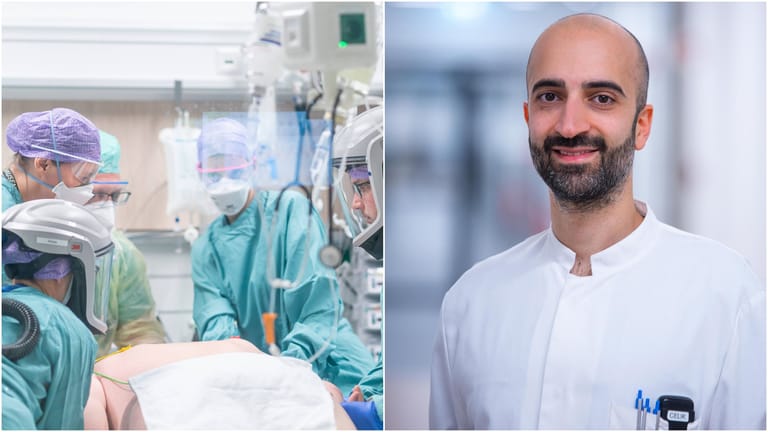 Behandlung eines Corona-Patienten und Cihan Çelik, Oberarzt auf einer Covid-Station (Montage): t-online berichtet der Arzt vom harten Klinikalltag.