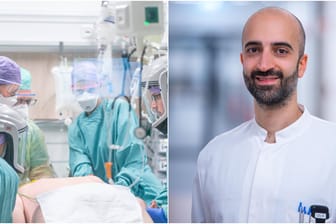 Behandlung eines Corona-Patienten und Cihan Çelik, Oberarzt auf einer Covid-Station (Montage): t-online berichtet der Arzt vom harten Klinikalltag.