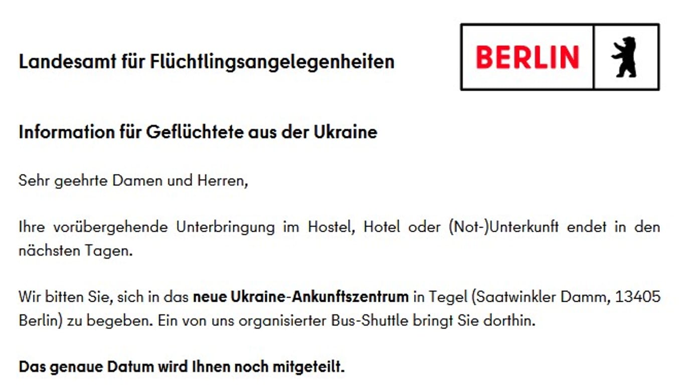 Dieses Schreiben ging an die ukrainischen Flüchtlinge in den Berliner Hostels (Ausschnitt): Danny Freymark veröffentlichte den Screenshot auf seiner Website.