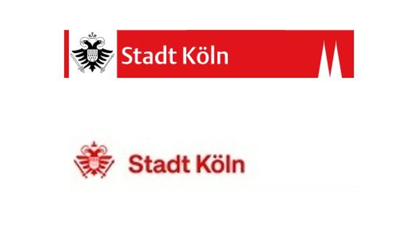 Rote statt weiße Schrift und keine Domspitzen mehr: Oben das alte Logo der Stadt Köln, unten das neue, das ab Sommer auch in der Öffentlichkeit etabliert werden soll.