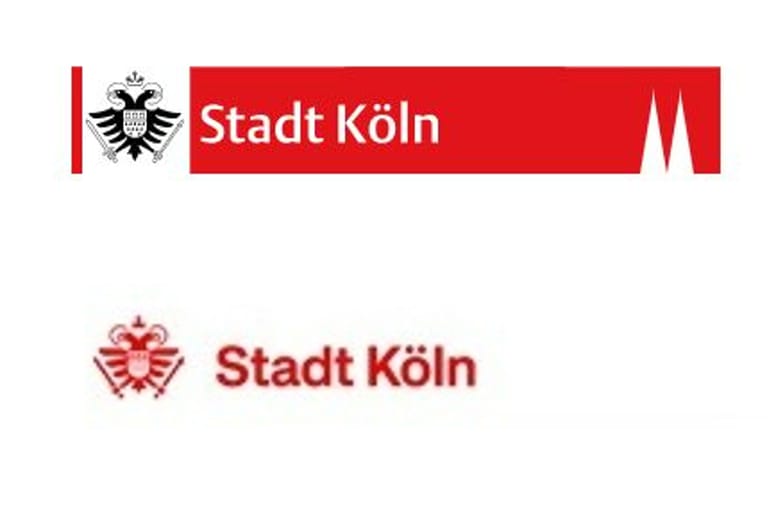 Rote statt weiße Schrift und keine Domspitzen mehr: Oben das alte Logo der Stadt Köln, unten das neue, das ab Sommer auch in der Öffentlichkeit etabliert werden soll.