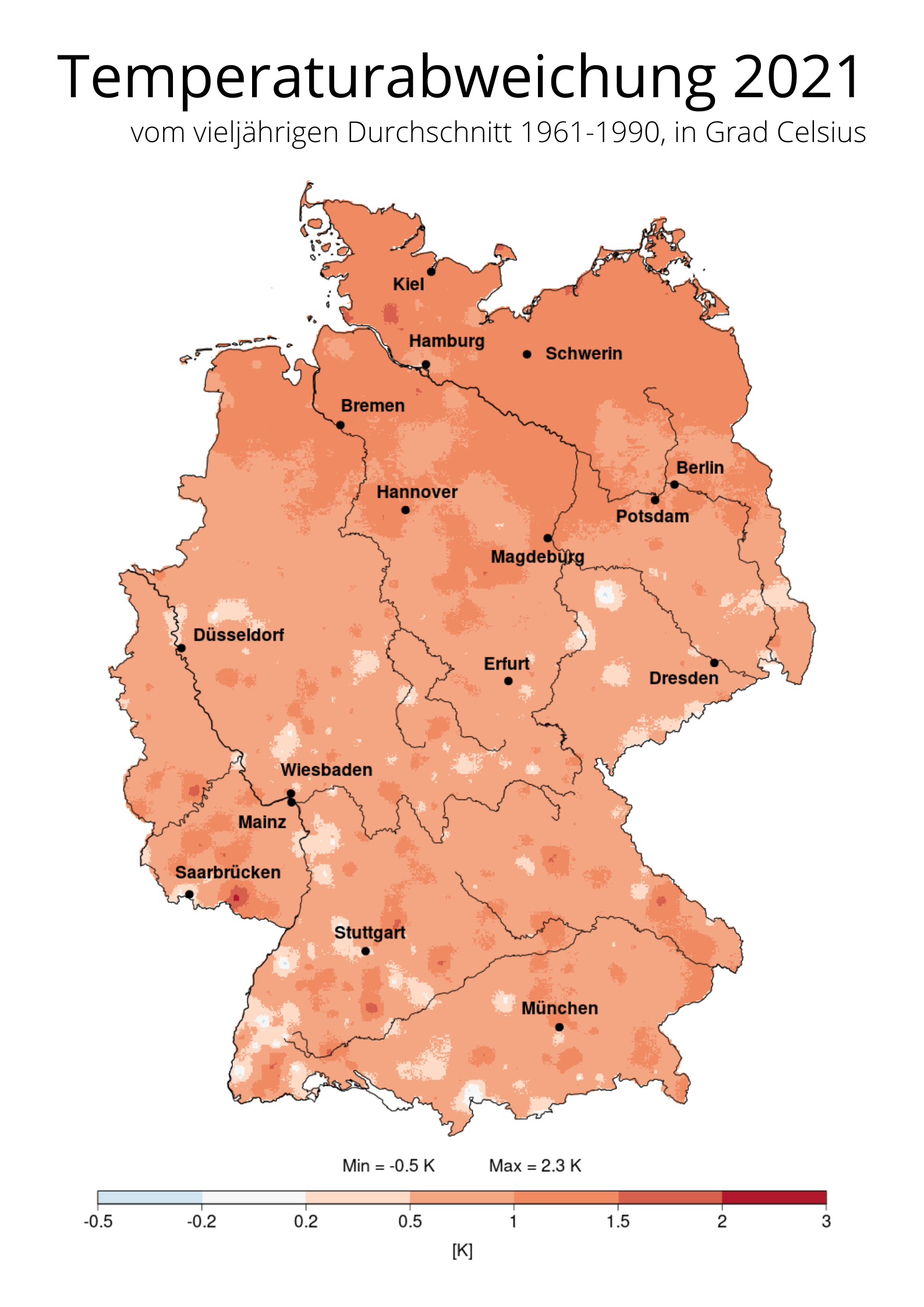 Die Lufttemperatur lag in Deutschland 2021 durchschnittlich bei 9,2 Grad Celsius - knapp 1 Grad höher als im Vergleichszeitraum von 1961-1990.