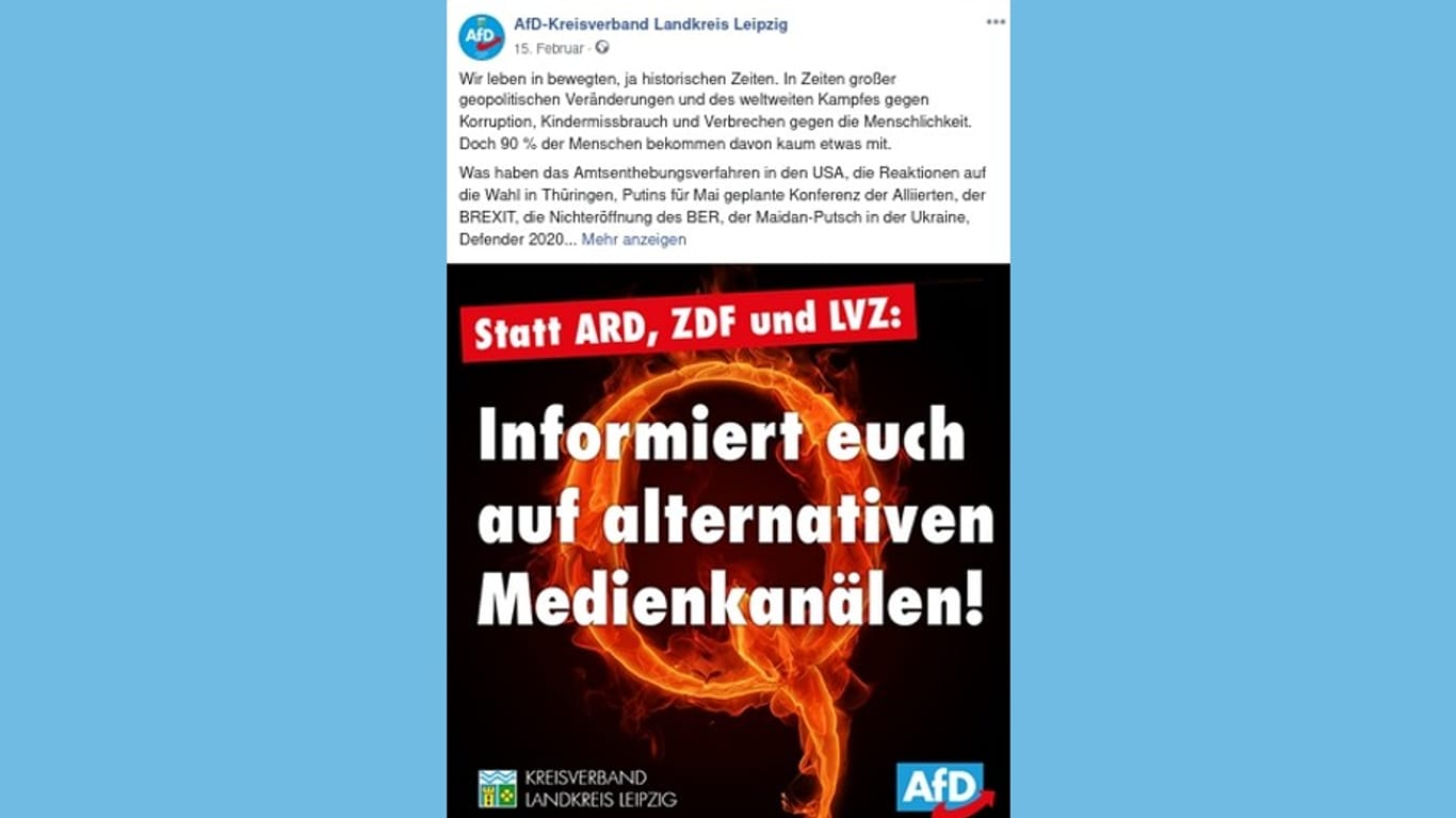 Q: Der AfD-Kreisverband Leipzig Land ist mehrfach damit aufgefallen, offen QAnon-Positionen und den angeblichen Hintermann Q zu bewerben.