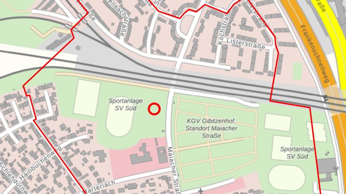 In der Nürnberger Südstadt ist erneut eine Fliegerbombe gefunden worden: Die Karte zeigt das zu evakuierende Gebiet.