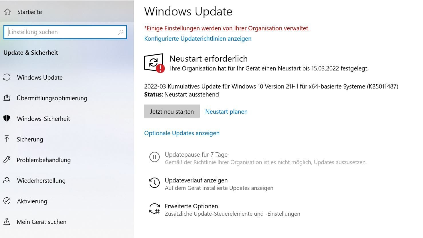 Das neue Update ist unter "Update & Sicherheit" verfügbar.