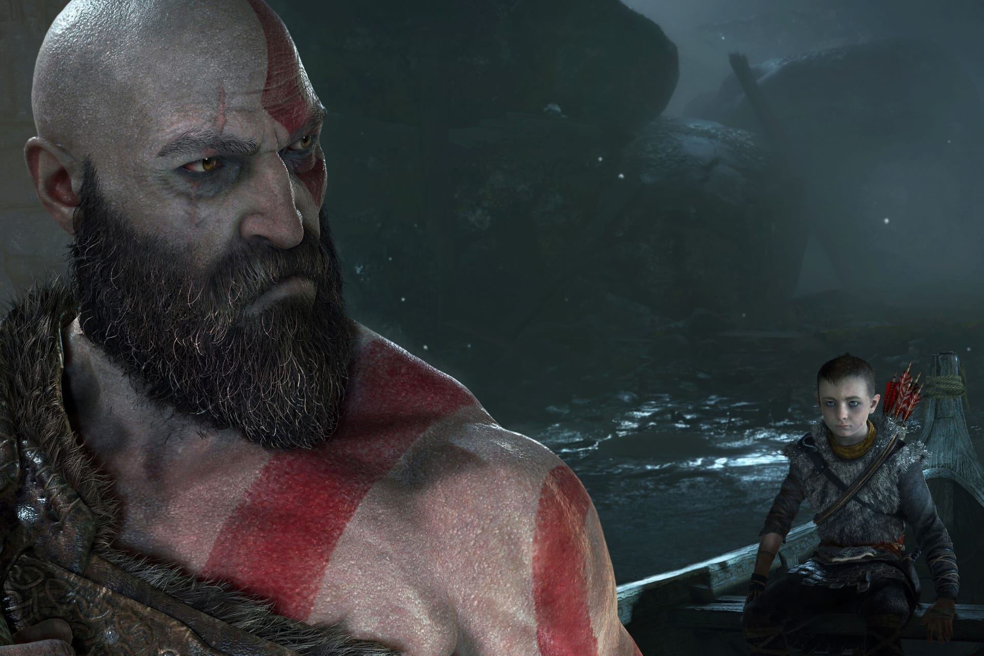 Screenshot aus "God of War" für die Playstation 4: Kratos uns sein Sohn sind die Protagonisten in dem Spiel.