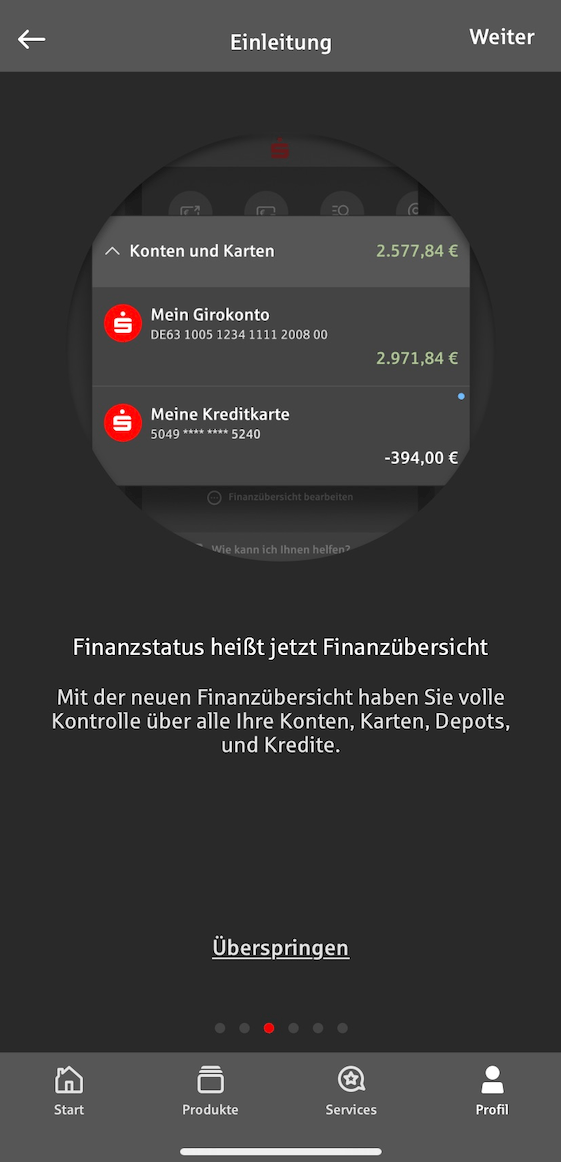 Screenshot aus der neuen Sparkassen-App: Die Funktion "Finanzstatus" wurde umbenannt.