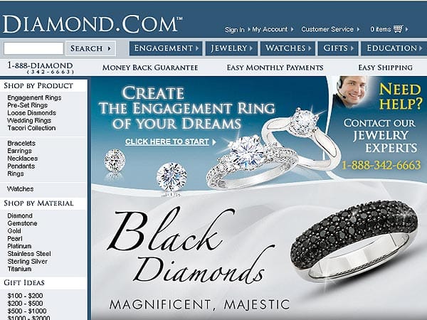 Einer der teuersten Domain-Deals im Jahre 2006 spielte sich im Edelstein-Sektor ab. Umgerechnet 5,8 Millionen Euro zahlte der Online-Juwelier Ice.com für die Internetseite Diamond.com. (Screenshot: T-Online)