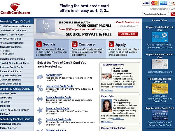 Laut dem Branchendienst Dnjournal.com brachte es die Domain Creditcards.com auf einen Preis von mehr als 2,1 Millionen Euro. (Screenshot: T-Online)
