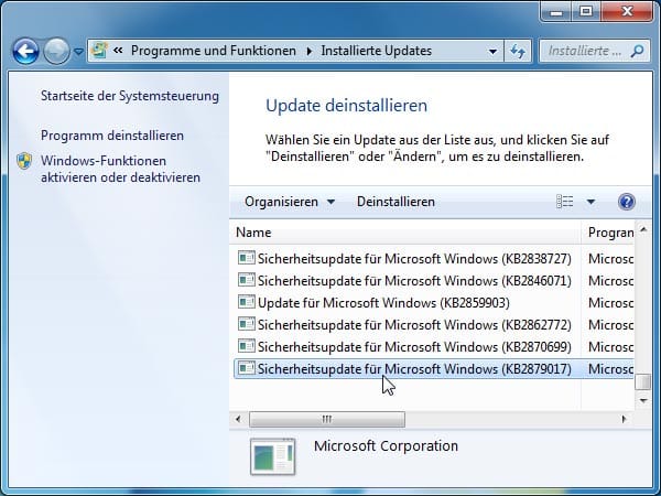 Über das Software-Modul in der Systemsteuerung können Sie ein installiertes Update auch wieder entfernen, etwa wenn der PC nach der Installation immer Fehler meldet.