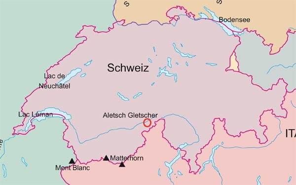 Der Aletschgletscher in dessen Nähe sich die Massaschlucht befindet liegt in der südlichen Schweiz an der Grenze zu Italien.