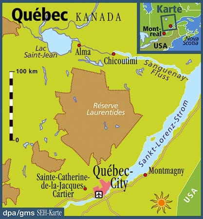 Das Eishotel liegt in der Nähe von Québec City, im kleinen Dorf Sainte-Catherine-de-la-Jaques-Cartier in der kanadischen Provinz Québec. (Karte: Sven-E. Hauschildt/dpa/gms)