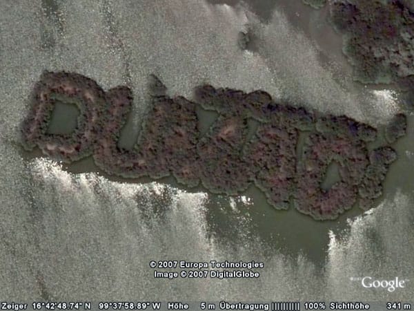 Der Schriftzug DUMAC findet sich als Anpflanzung in einem mexikanischen Sumpfgebiet