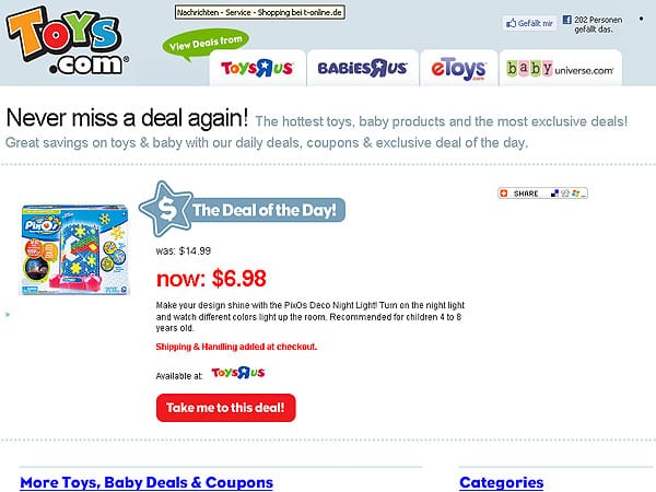 Toys R Us kaufte sich mitten in der weltweiten Finanzkrise die Seite Toys.com. Im März 2009 zahlte der Spielzeughändler fünf Millionen Dollar für den Domain-Namen. (Screenshot: t-online.de)