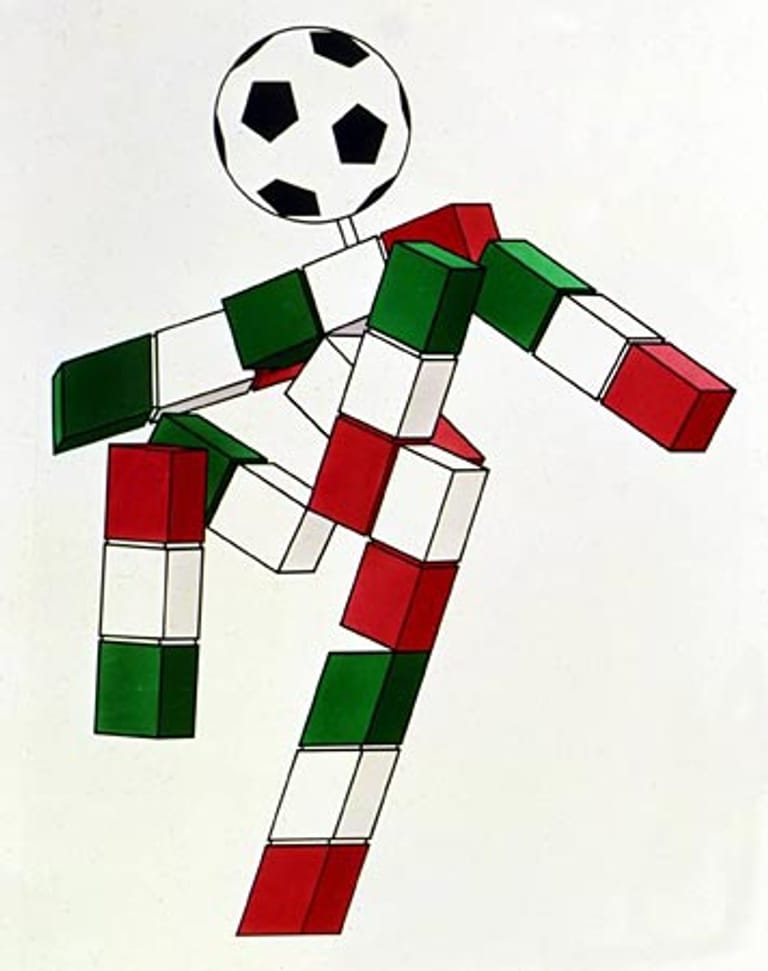 Abstrakte Kunst zur WM 1990 in Italien: Dieses bunte Strichmännchen hörte auf den Namen Ciao und verhalf der DFB-Elf zum Titel. Italien beendete das Turnier auf Rang drei.