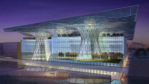 Ein Gebäude in der geplanten Ökostadt Masdar City in Abu Dhabi