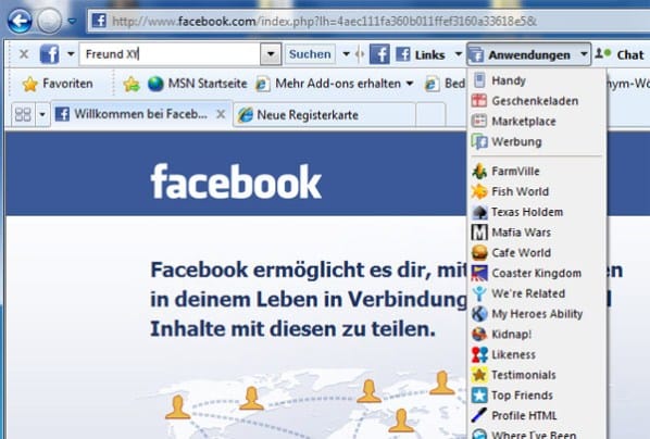 Screenshot Facebook im Internet Explorer 8.