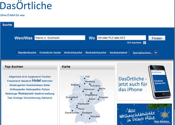 Screenshot von www.dasoertliche.de.