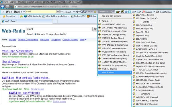 Screenshot von WebRadio-Toolbar für den Internet Explorer 8.