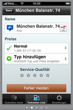 MyGas: Diese App liefert nicht nur den Weg zur nächsten Zapfsäule, sondern liefert auch gleich die Preise dazu (Screenshot: App Store)