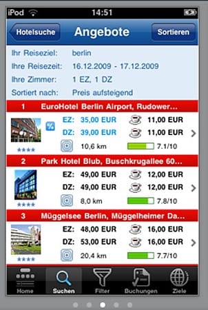 HRS: Mit diesem Programm können Sie von unterwegs ein Hotel suchen und sofort buchen. (Screenshot: App Store)