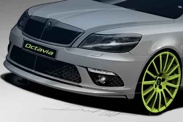 Frontansicht beim Skoda Octavia RS+: Auffällig ist der Kontrast zwischen den Farben Grau, Schwarz und Grün.