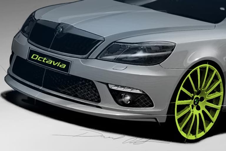 Frontansicht beim Skoda Octavia RS+: Auffällig ist der Kontrast zwischen den Farben Grau, Schwarz und Grün.