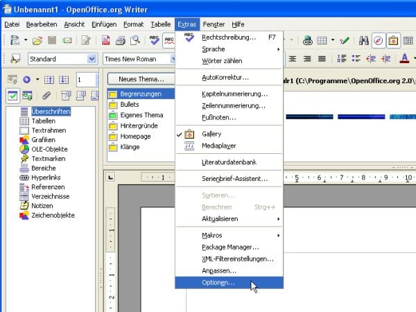Starten Sie das OpenOffice-Programm Writer und rufen Sie zunächst den Befehl Extras | Optionen auf.