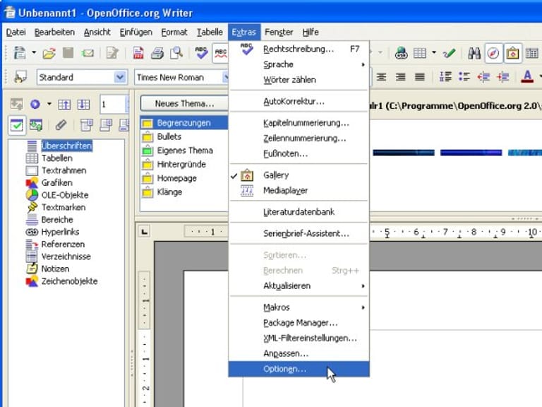 Starten Sie das OpenOffice-Programm Writer und rufen Sie zunächst den Befehl Extras | Optionen auf.