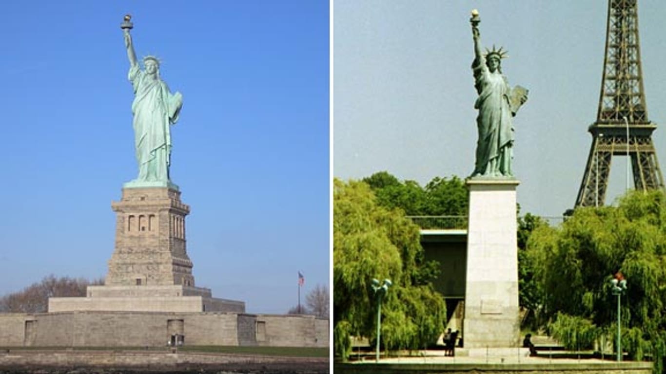 Die Freiheitsstatue von New York ist weltbekannt. Doch wer weiß, dass eine kleine Doppelgängerin in Paris steht? (Fotos: srt/Montage: t-online.de)