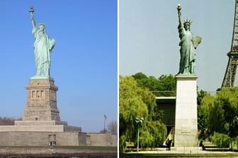 Die Freiheitsstatue von New York ist weltbekannt. Doch wer weiß, dass eine kleine Doppelgängerin in Paris steht? (Fotos: srt/Montage: t-online.de)