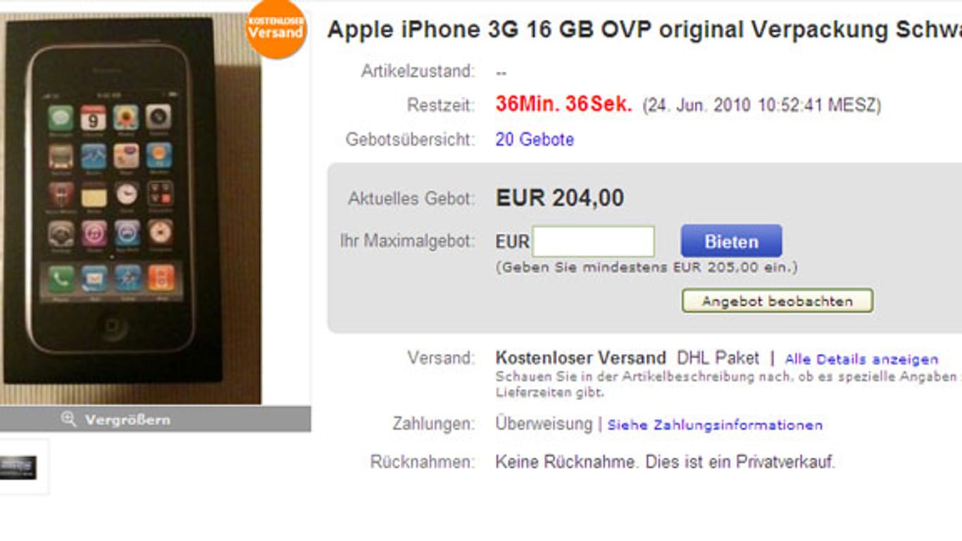 Wieder fallen Käufer auf die Betrugsmasche mit der leeren Verpackung rein. (Screenshot: t-online.de)