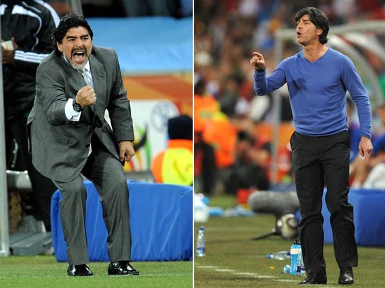 Sie prägen auf ihre besondere Weise die Teams: Taktik-Fuchs Löw (rechts) gegen Motivations-Maskottchen Maradona. (Montage: t-online.de; Fotos: imago)