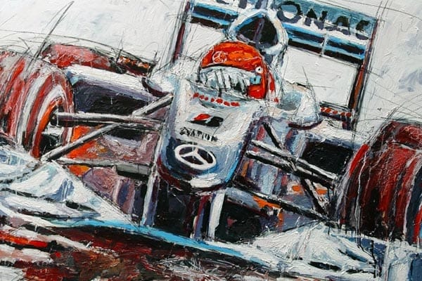 Das gibt's zu gewinnen: einen Kunstdruck von Michael Schumacher im Mercedes GP