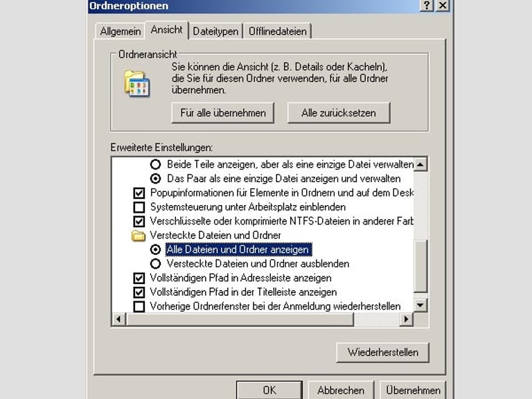 Versteckte Dateien anzeigen (Screenshot: t-online.de)