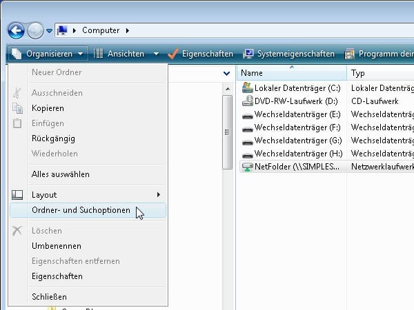 Dateiendungen im Windows Explorer von Windows Vista anzeigen. (Screenshot: t-online.de)
