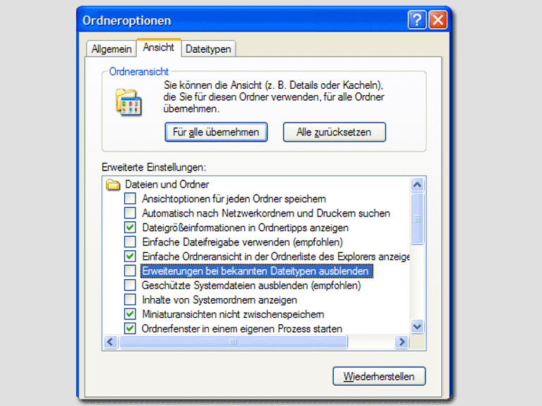 Dateiendungen im Windows Explorer von Windows XP anzeigen. (Screenshot: t-online.de)