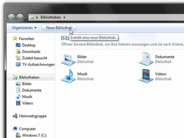 Neue Bibliothek in Windows 7 anlegen. (Screenshot: t-online.de)