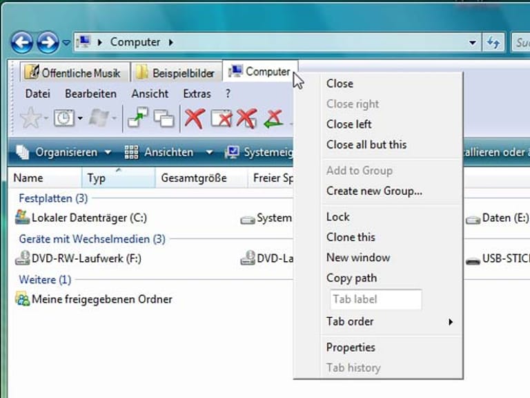 QTTabBar: Registerkarten im Windows Explorer. (Screenshot: t-online.de)