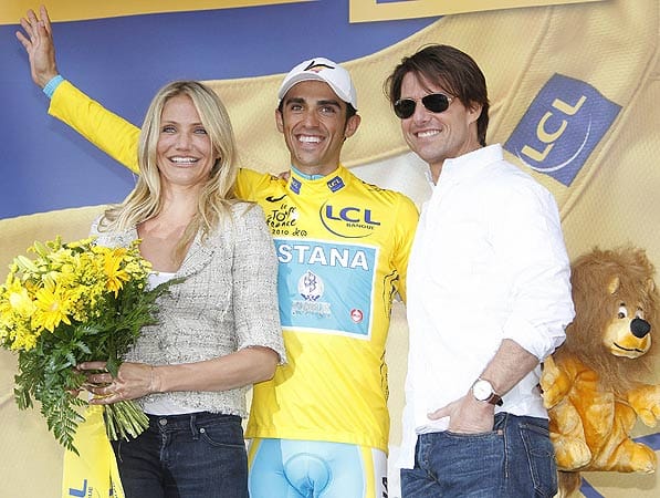 Hauptrollen: Alberto Contador (Mitte) ist der Star der Tour de France, Cameron Diaz und Tom Cruise sind es in ihrem neuen Film. Die beiden Hollywood-Stars waren am Freitag zu Gast bei der Tour.