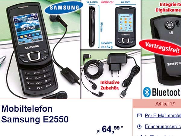 Das Samsung E2550 wird bei Aldi Süd für 65 Euro verkauft. Leider ist die Ausstattung des Handys recht altertümlich und das, obwohl das Gerät erst in diesem Jahr auf den Markt gekommen ist.