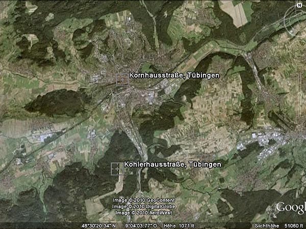 Google Earth vertauscht zwei Strassen in Tübingen (Foto :t-online)