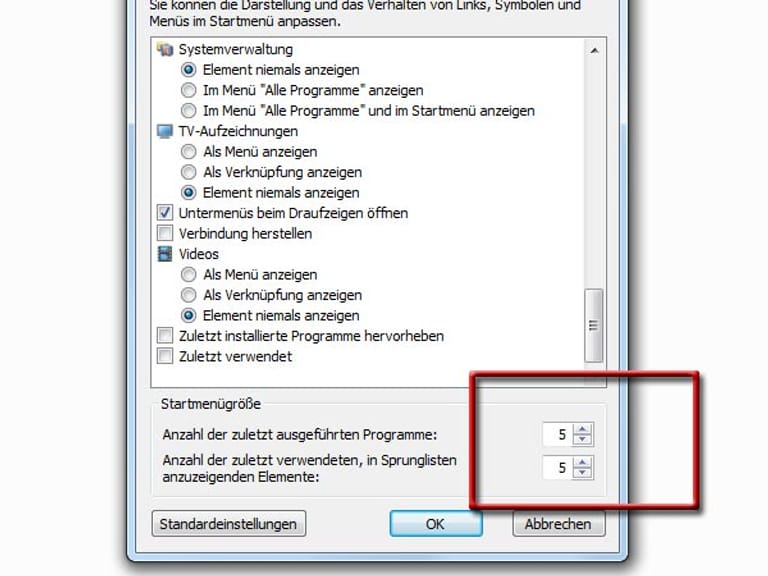 Windows 7: Startmenü anpassen (Screenshot: t-online.de)