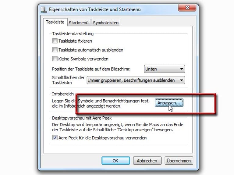 Windows 7: Taskleiste anpassen (Screenshot: t-online.de)