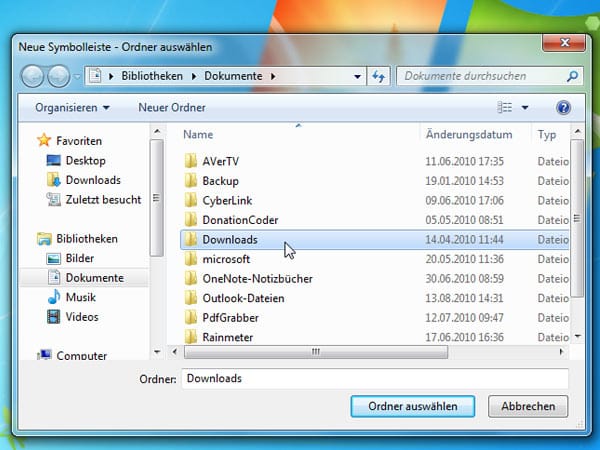 Windows 7: Symbolleisten erstellen (Screenshot: t-online.de)